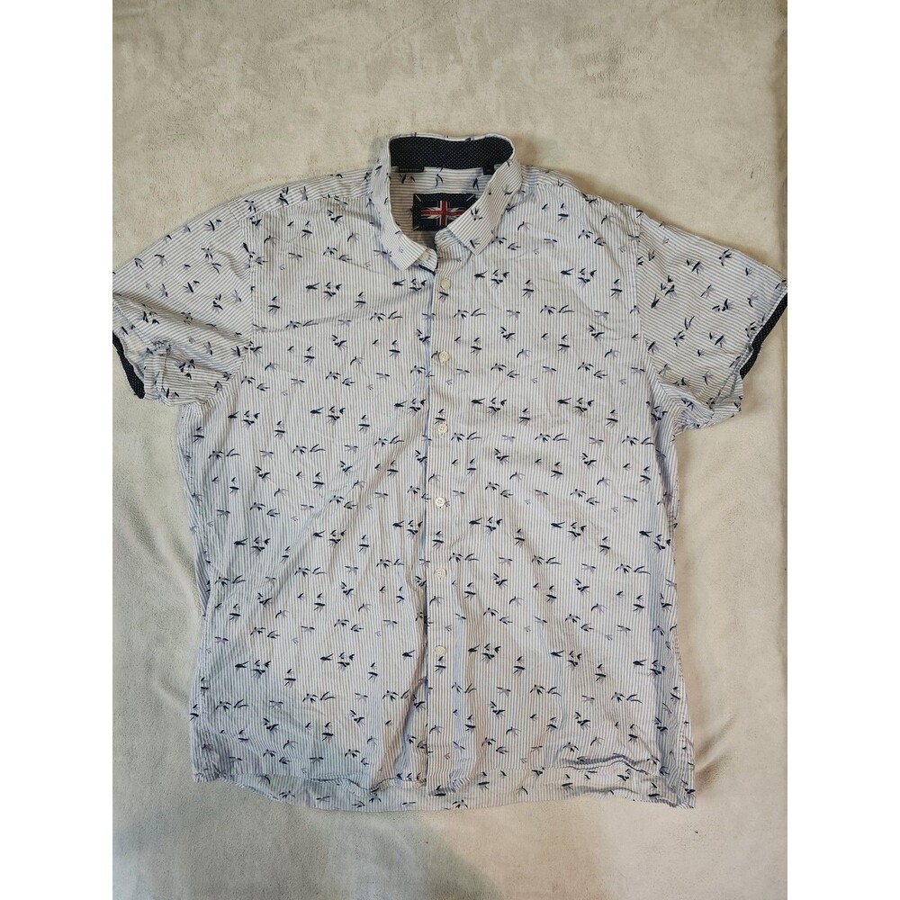 Soul of London Blue Birds Pinstripe Men’s Button-Down Short Sleeve Collared Shir